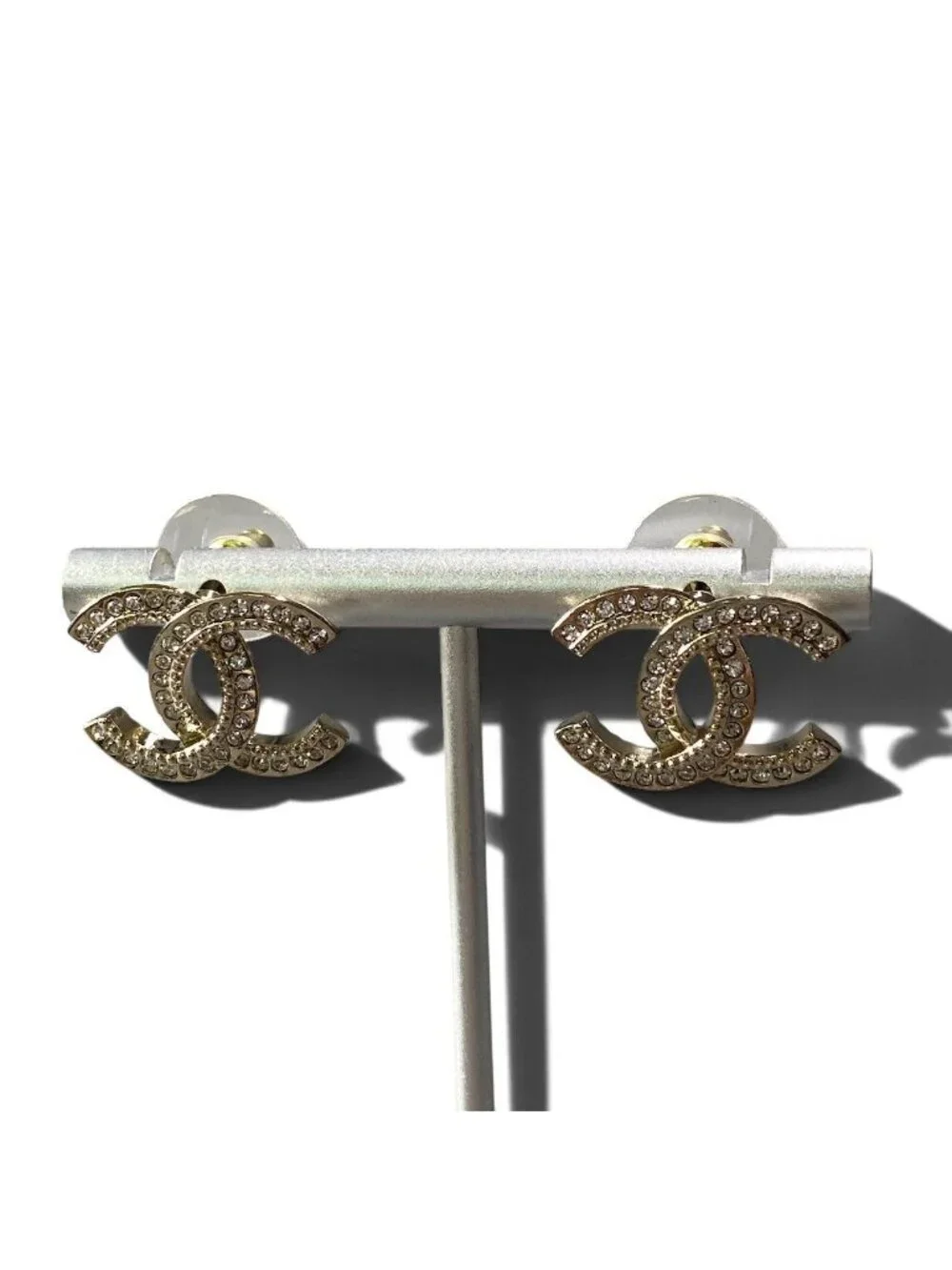 Chanel H2 CC Logo Rhinestone Earrings Gold